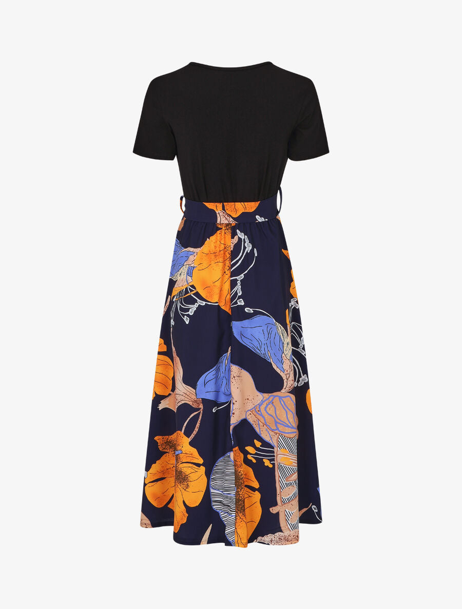 Robe longue manches courtes imprimé grandes fleurs - Marine - 2