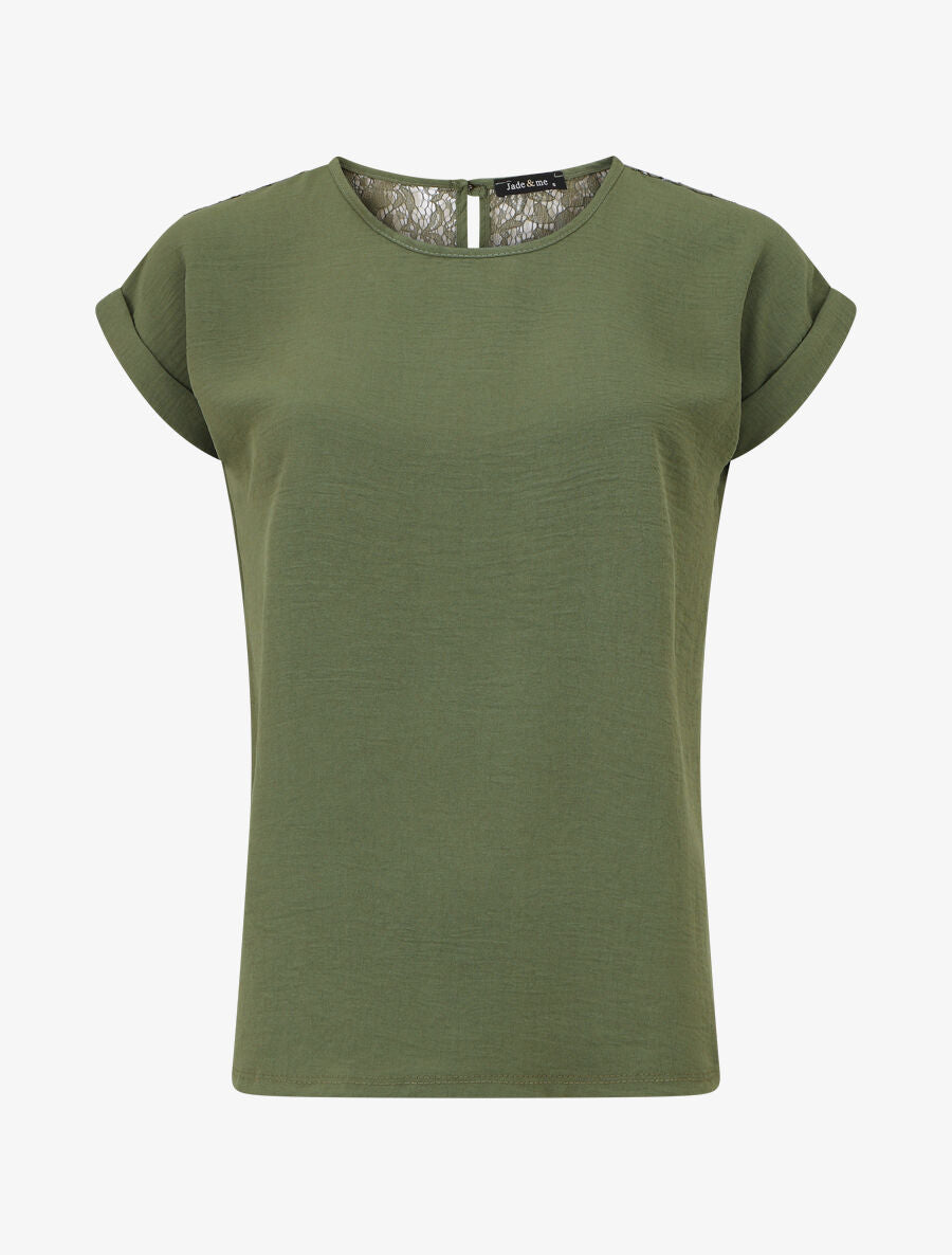 Top manches courtes uni dos en dentelle - Kaki - 5