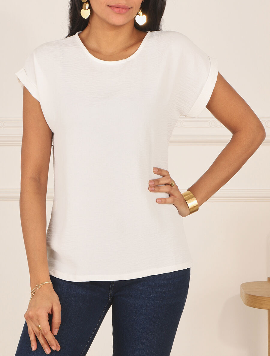 Top manches courtes uni dos en dentelle - Blanc - 4