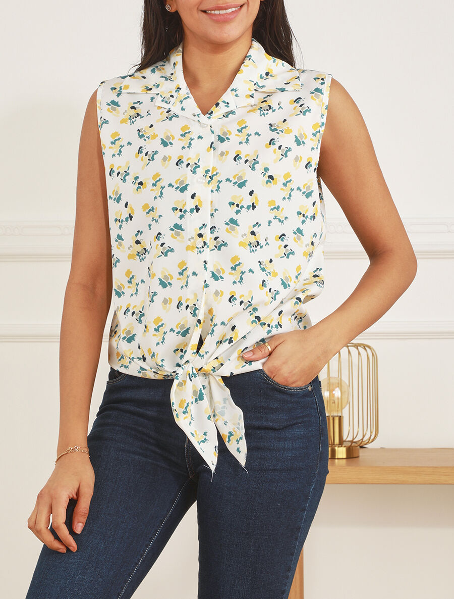 Chemise fleurie sans manches - Blanc - 4