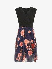 Robe mi-longue fleurie sans manches col cache-coeur - Marine - 1