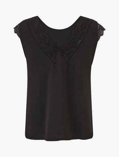 Top avec mancherons uni dos en dentelle - Noir - 2
