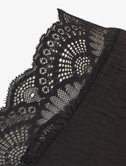 Top avec mancherons uni dos en dentelle - Noir - 3
