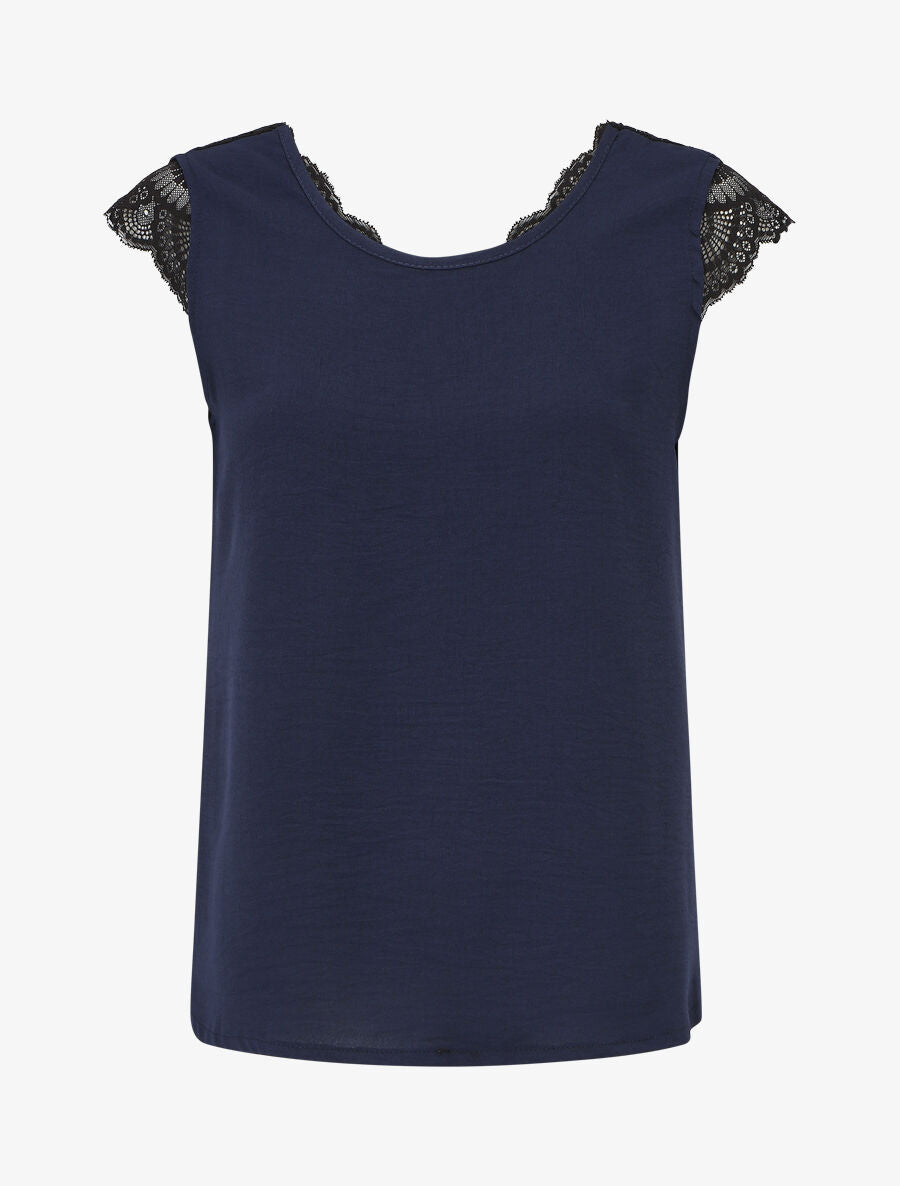 Top avec mancherons uni dos en dentelle - Marine - 6