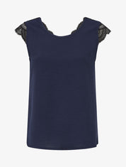 Top avec mancherons uni dos en dentelle - Marine - 6