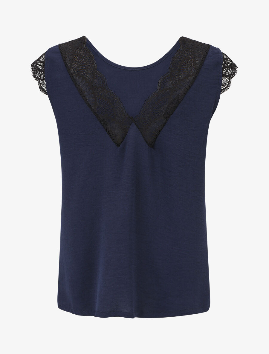 Top avec mancherons uni dos en dentelle - Marine - 2