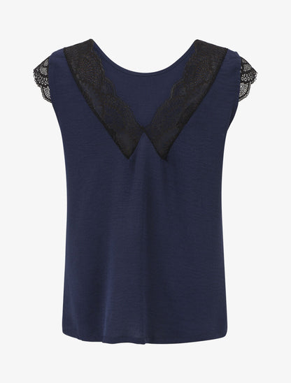 Top avec mancherons uni dos en dentelle - Marine - 2