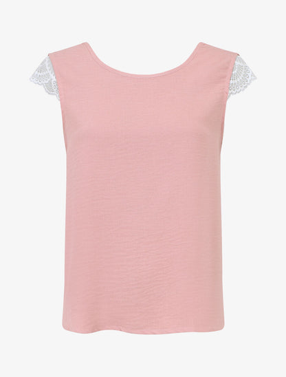 Top avec mancherons uni dos en dentelle - Rose poudré - 5