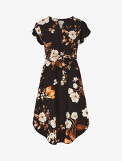 Robe mi-longue manches courtes imprimé floral - Noir - 1