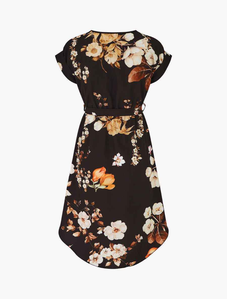 Robe mi-longue manches courtes imprimé floral - Noir - 2