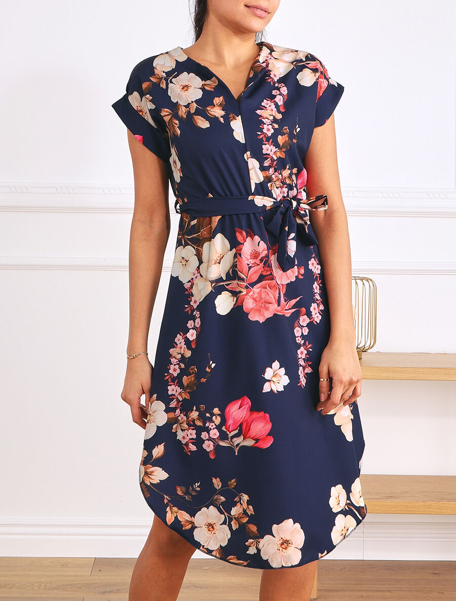 Robe mi-longue manches courtes imprimé floral - Marine - 4