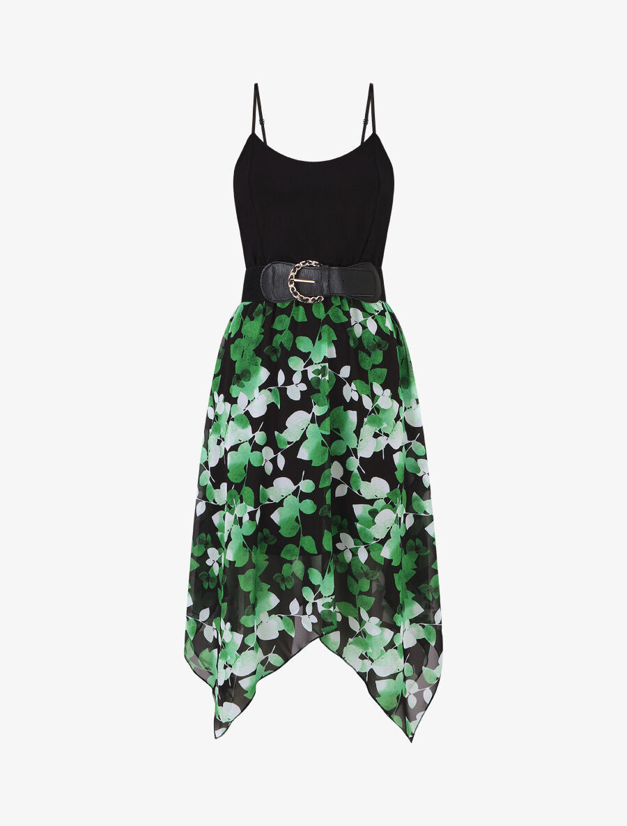Robe mi-longue à bretelles imprimé végétal - Noir - 5