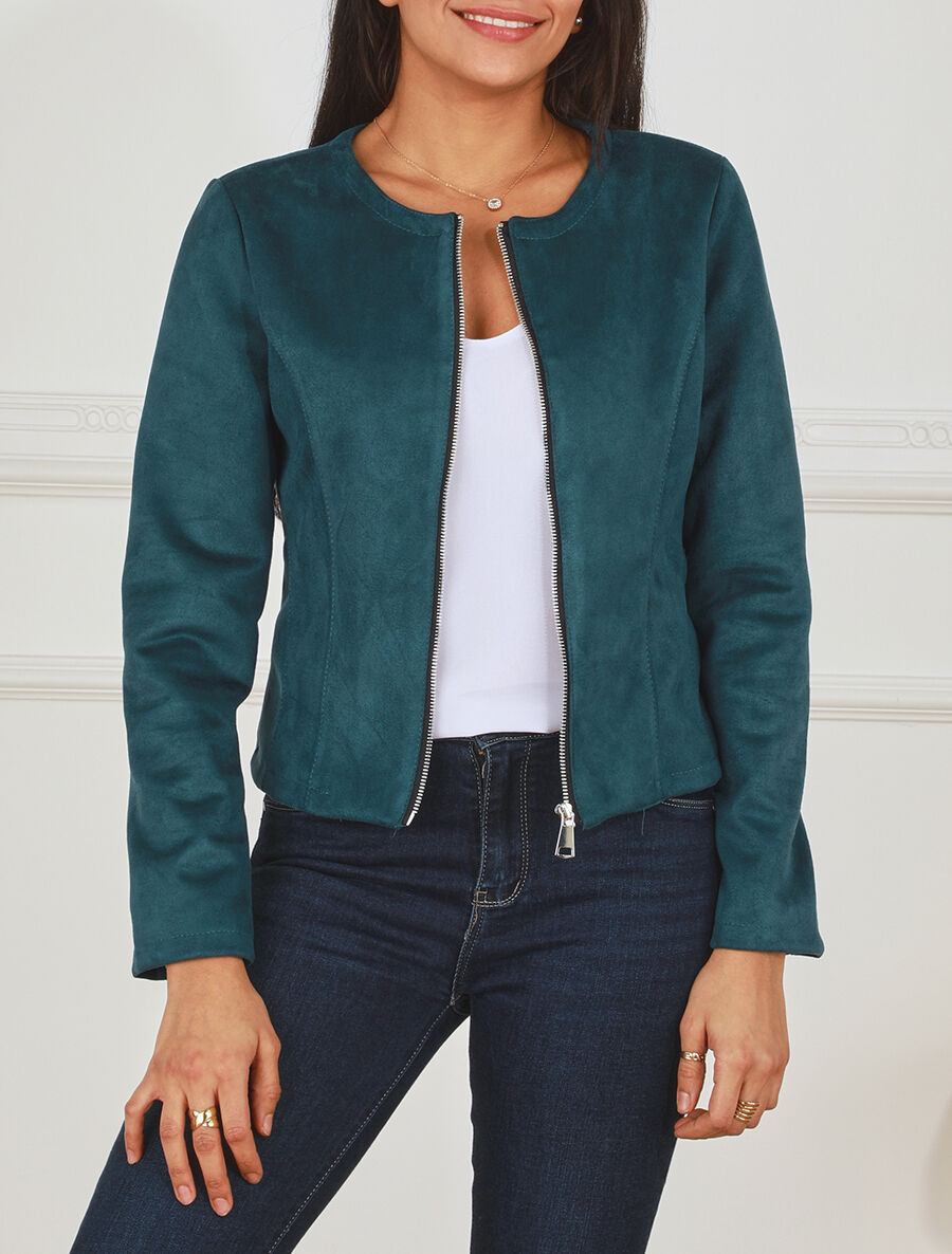 Veste zippée en suédine - Bleu canard - 4