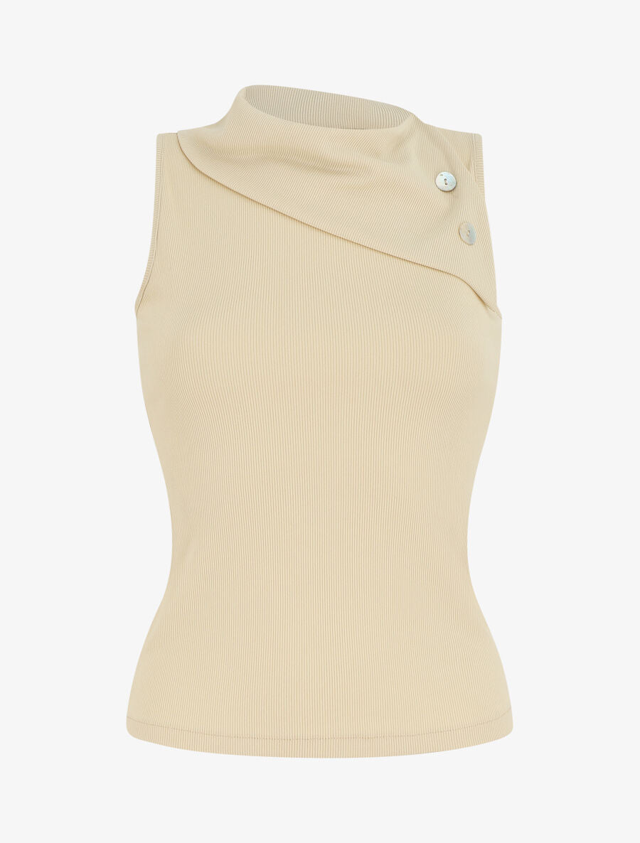 Top côtelé sans manches col asymétrique - Beige - 5