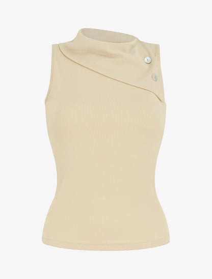 Top côtelé sans manches col asymétrique - Beige - 5