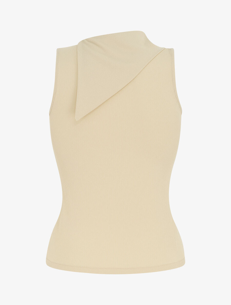 Top côtelé sans manches col asymétrique - Beige - 2