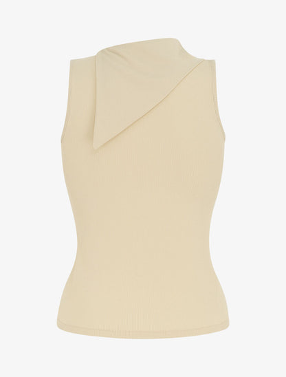 Top côtelé sans manches col asymétrique - Beige - 2