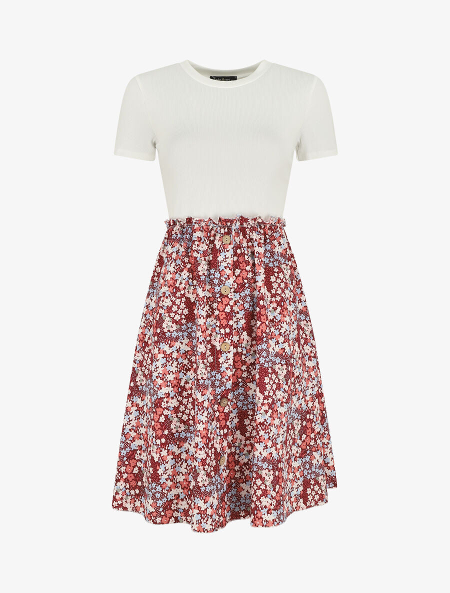 Robe bi-matière manches courtes imprimé fleuri - Bordeaux/blanc - 5