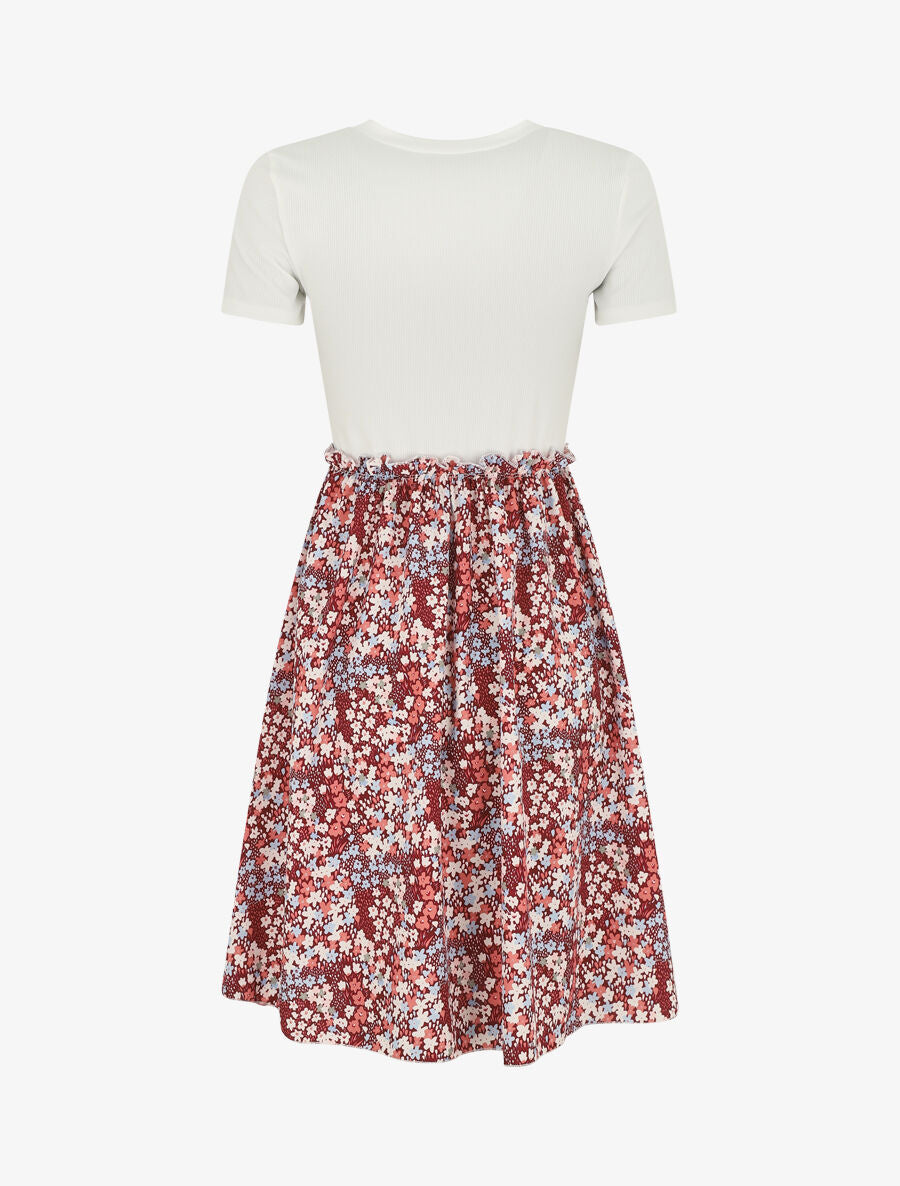 Robe bi-matière manches courtes imprimé fleuri - Bordeaux/blanc - 2