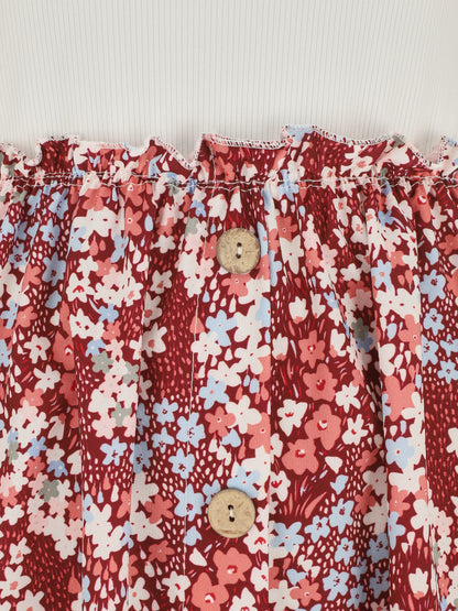 Robe bi-matière manches courtes imprimé fleuri - Bordeaux/blanc - 3
