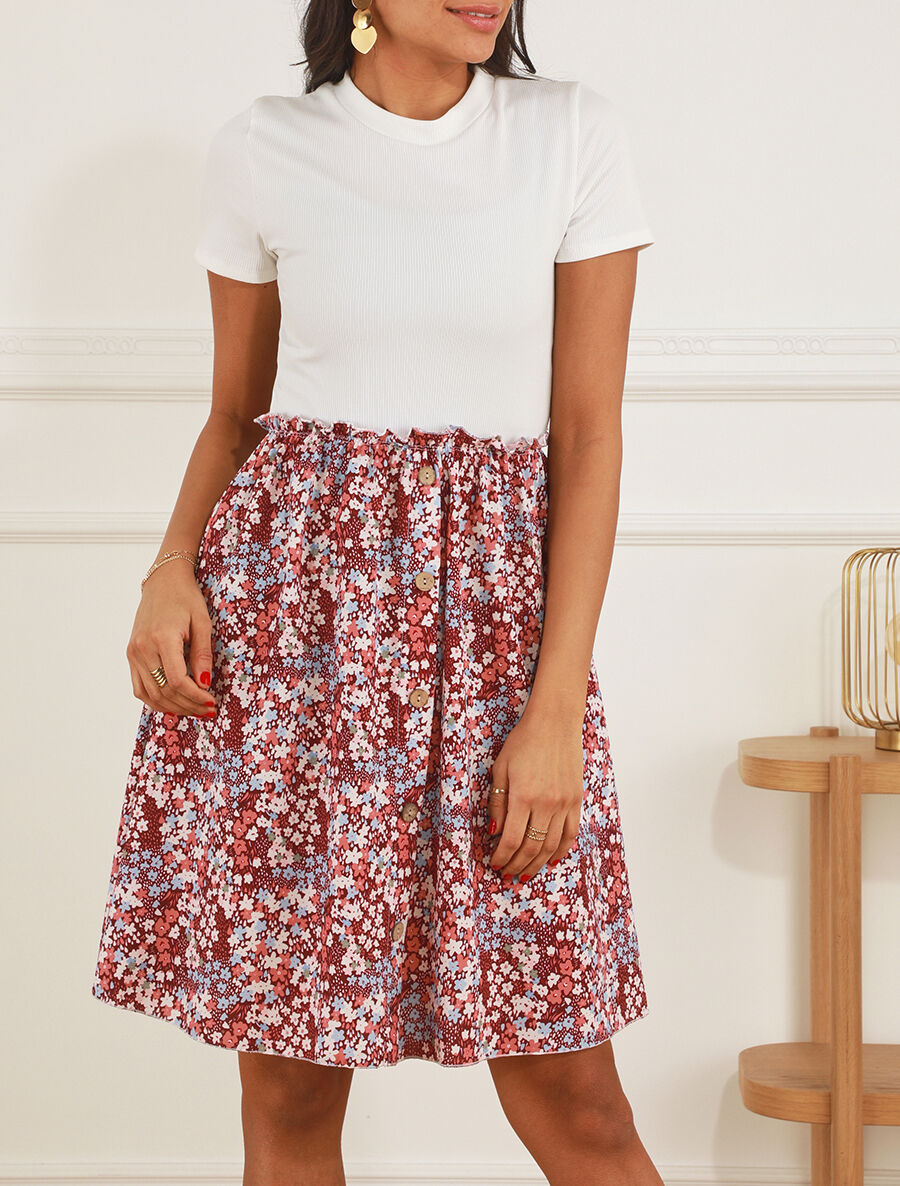 Robe bi-matière manches courtes imprimé fleuri - Bordeaux/blanc - 4