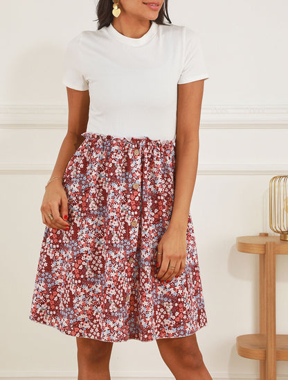 Robe bi-matière manches courtes imprimé fleuri - Bordeaux/blanc - 4