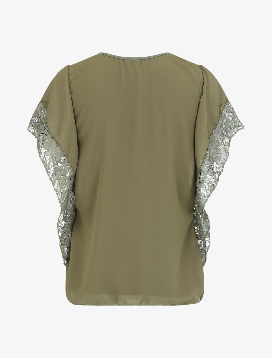Top droit manches chauve-souris en dentelle - Kaki - 2