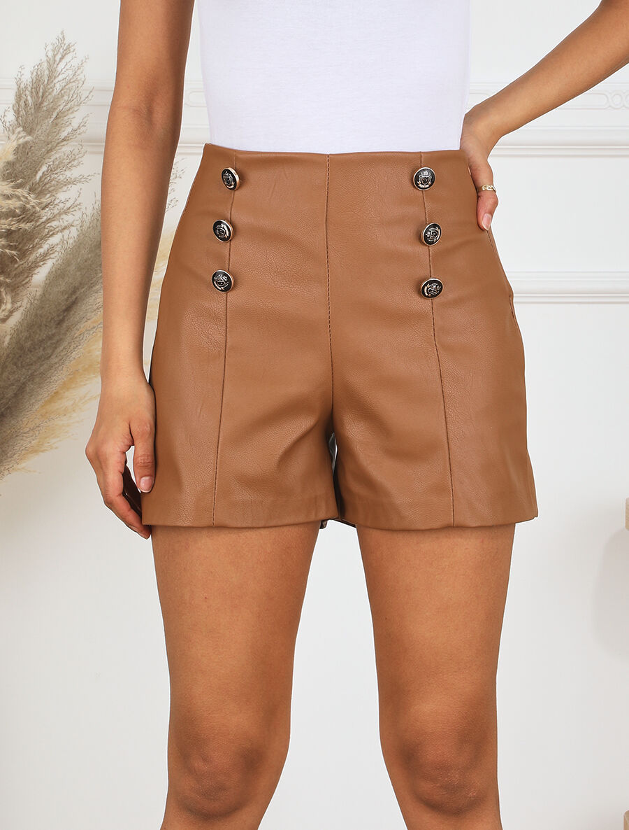 Short en simili taille haute boutonnée - Camel - 4