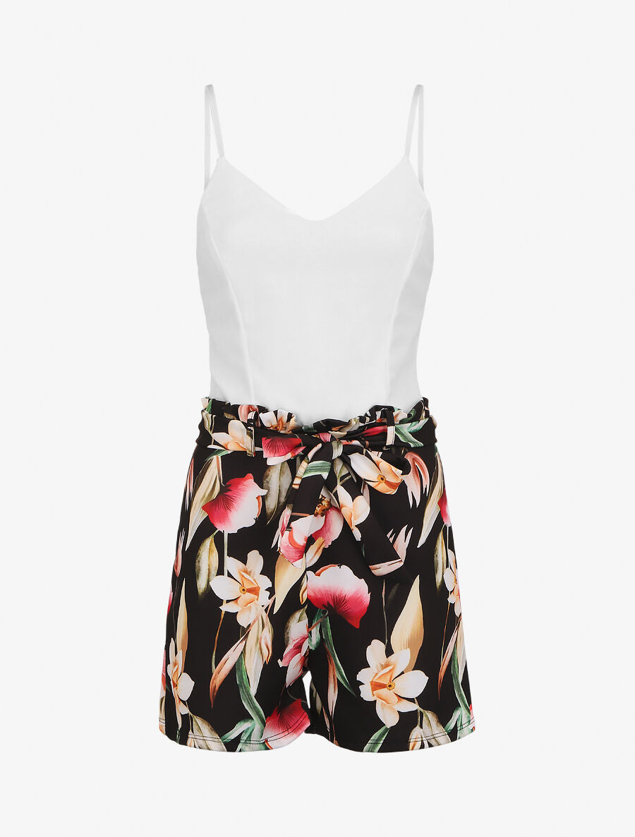 Combishort imprimé floral ceinturée - Noir - 1