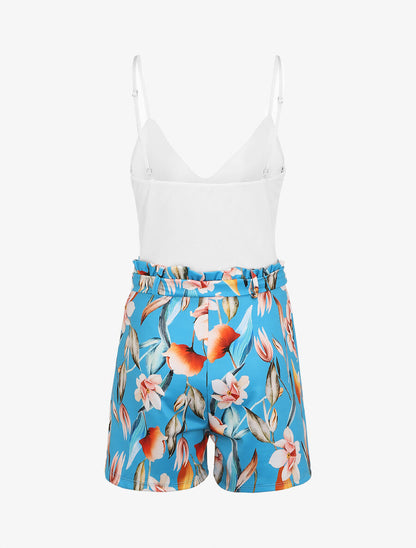 Combishort imprimé floral ceinturée - Turquoise - 2