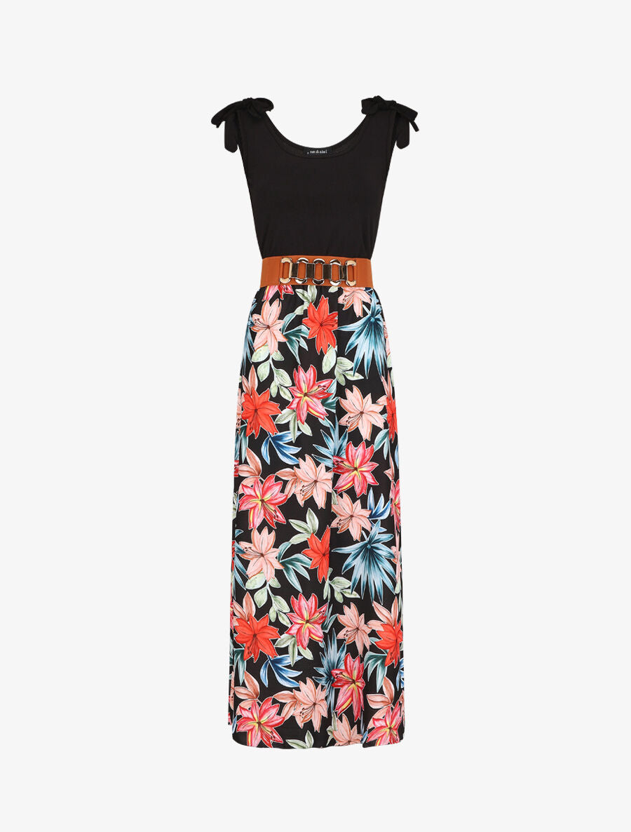 Robe longue évasée sans manches imprimé fleurs de lys - Noir - 1