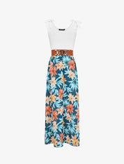 Robe longue évasée sans manches imprimé fleurs de lys - Bleu canard - 1