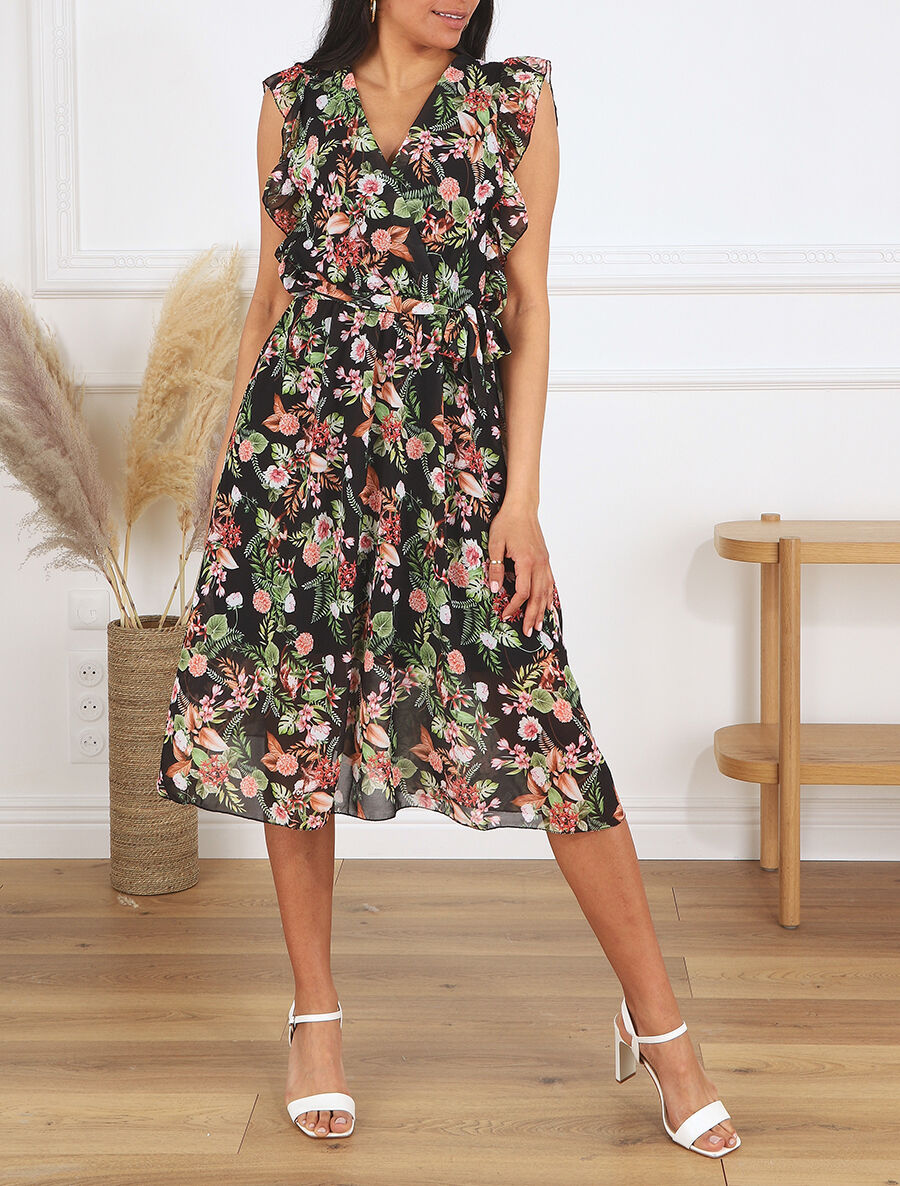 Robe en voile élastiquée à imprimé fleurs - Noir - 4