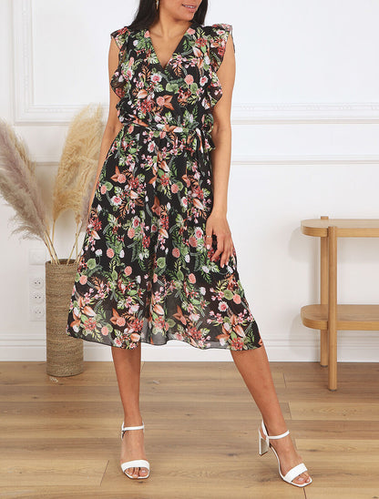 Robe en voile élastiquée à imprimé fleurs - Noir - 4