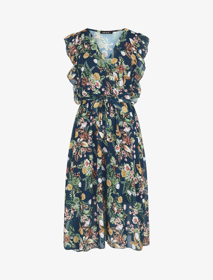 Robe en voile élastiquée à imprimé fleurs - Marine - 1