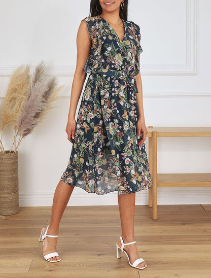 Robe en voile élastiquée à imprimé fleurs - Marine - 4
