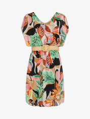 Robe en voile élastiquée à imprimé fantaisie - Noir - 1