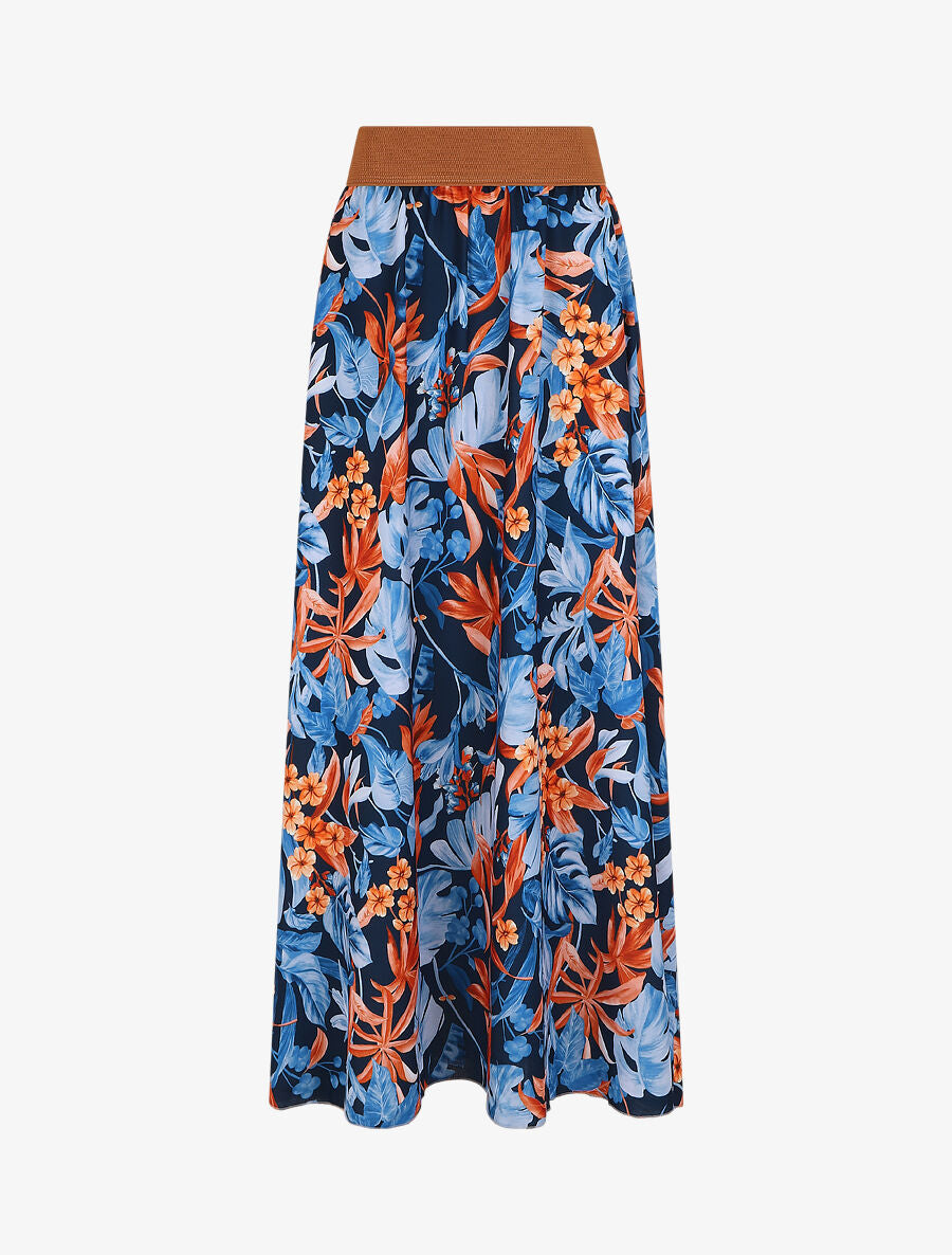 Jupe longue à imprimé feuilles tropical - Marine - 1