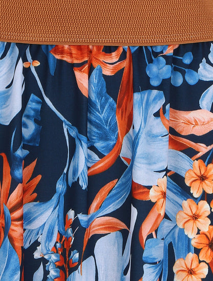 Jupe longue à imprimé feuilles tropical - Marine - 3