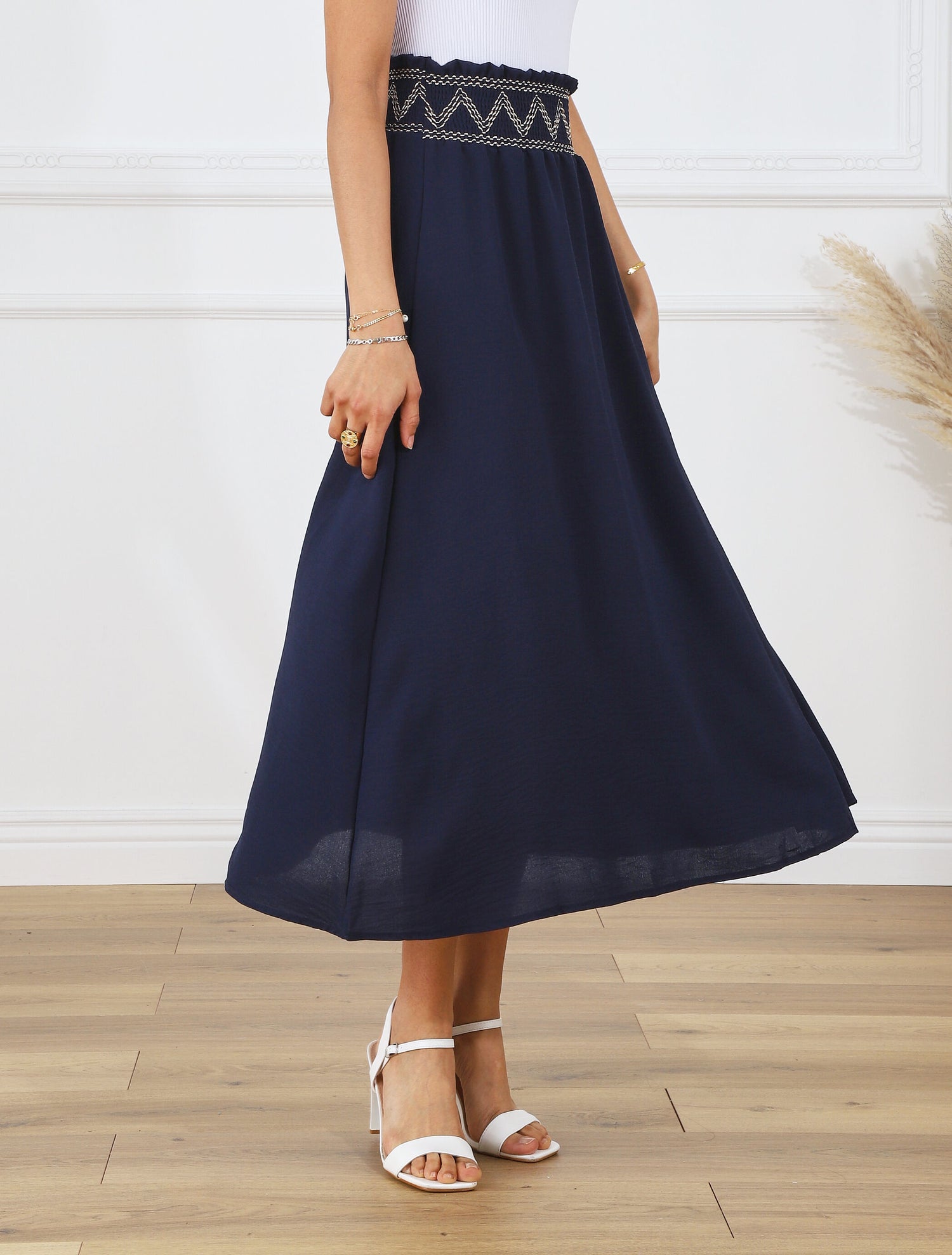 Jupe longue à taille élastiquée - Marine - 4