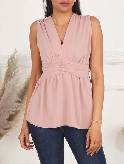 Top empire uni sans manches col V - Rose - 4
