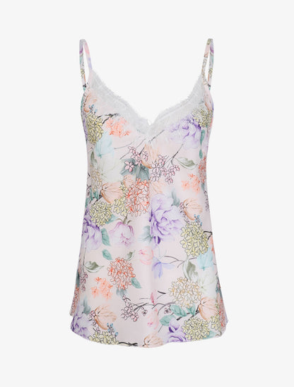 Caraco satiné imprimé hortensias à col en dentelle - Beige - 1