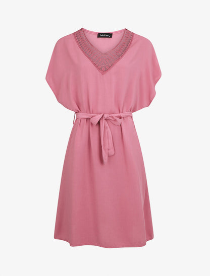 Robe droite unie ceinturée - Vieux rose - 1