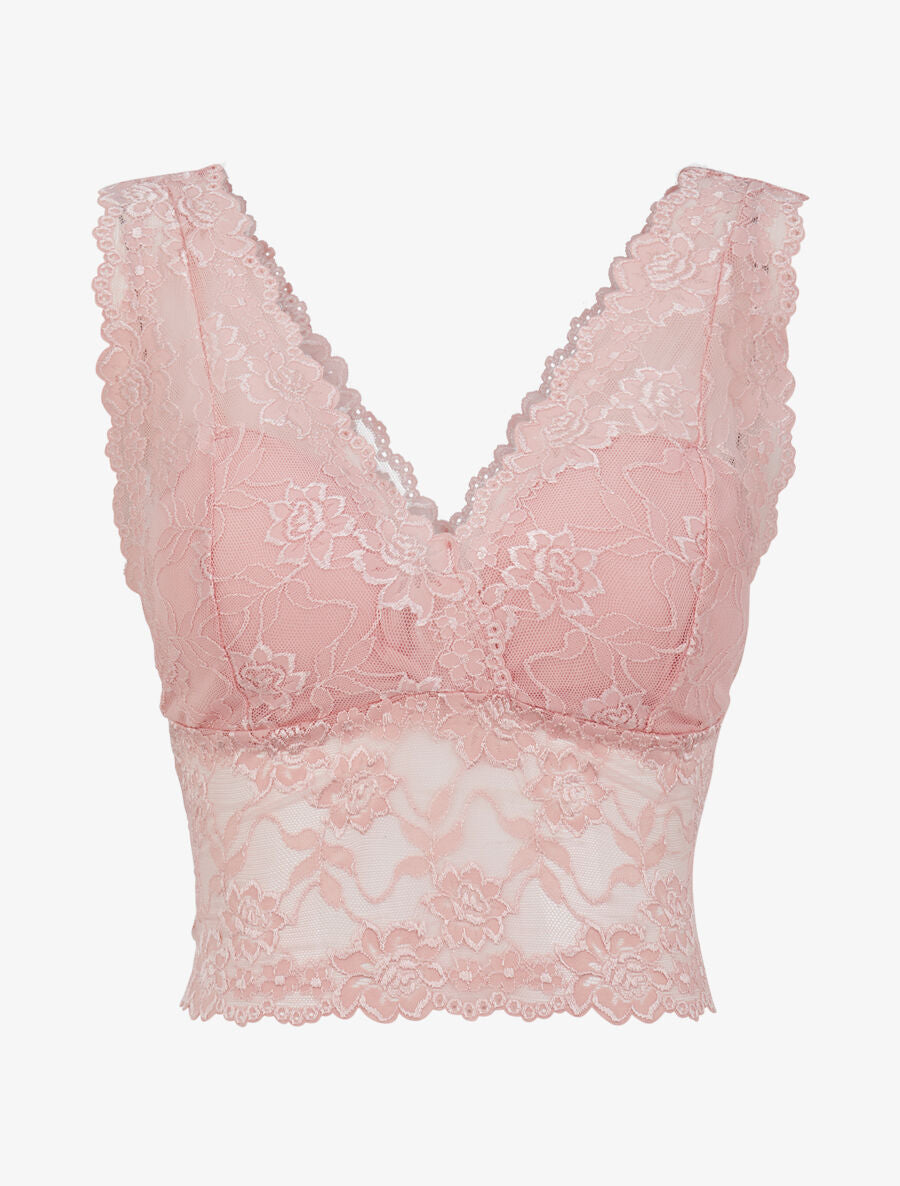 Crop top transparent en dentelle - Rose poudré - 1