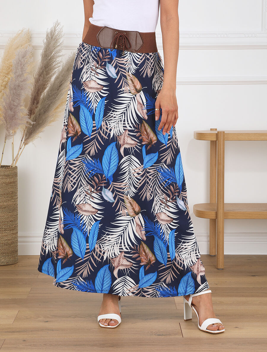 Jupe longue taille haute imprimé feuilles tropicales - Marine - 4