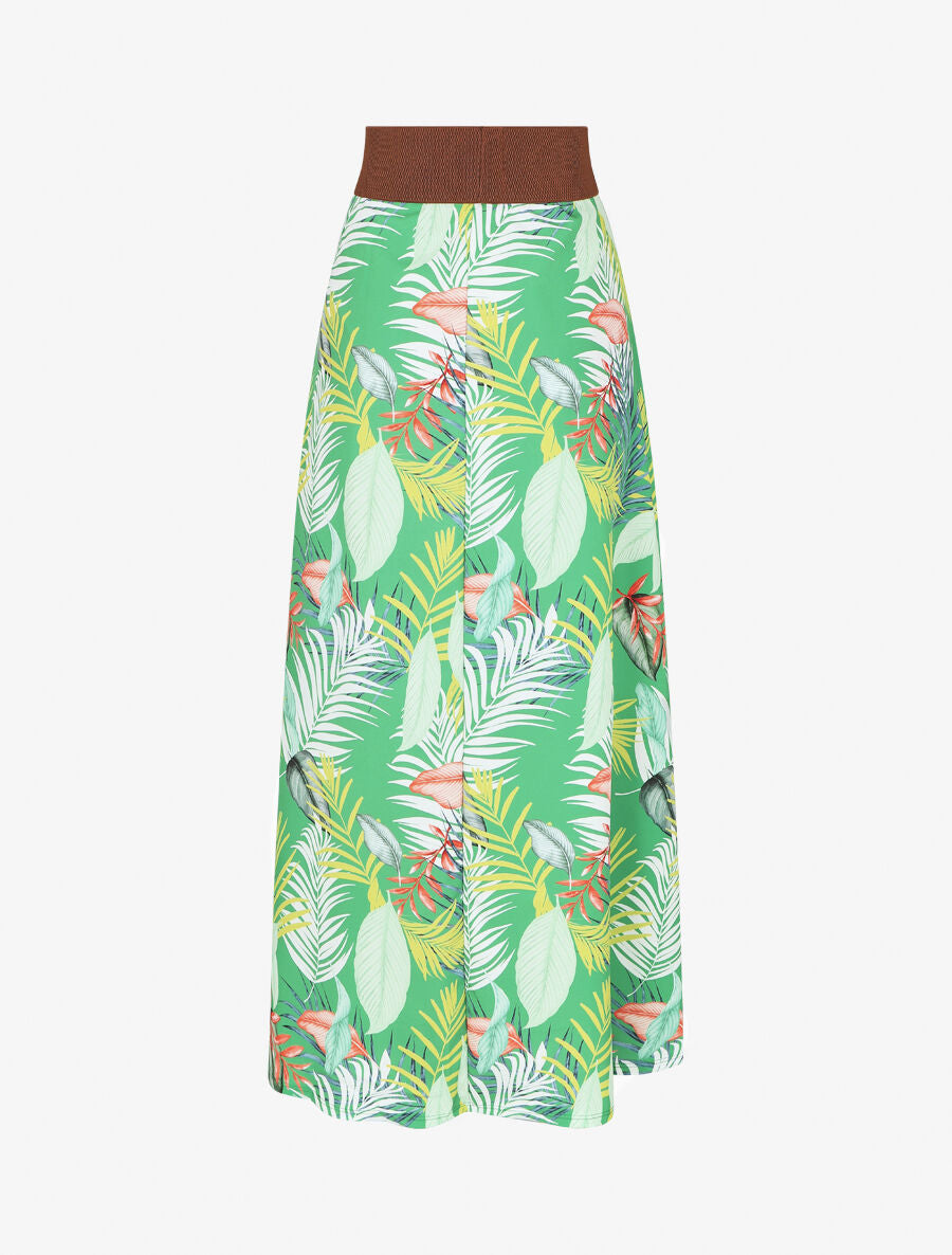 Jupe longue taille haute imprimé feuilles tropicales - Vert - 2