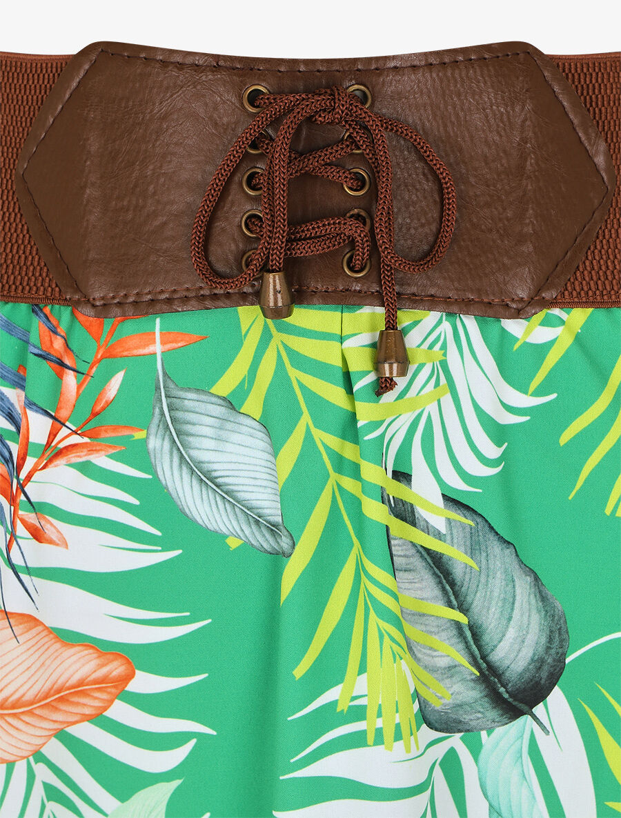 Jupe longue taille haute imprimé feuilles tropicales - Vert - 3