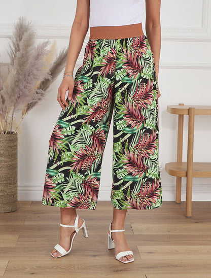 Pantalon à taille haute style corset imprimé tropical - Noir - 4