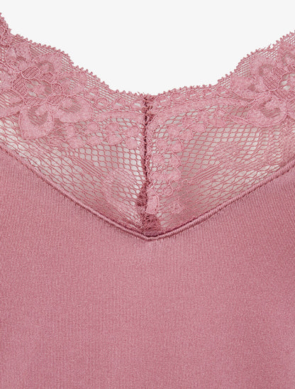 Body satiné à col en dentelle - Rose - 3
