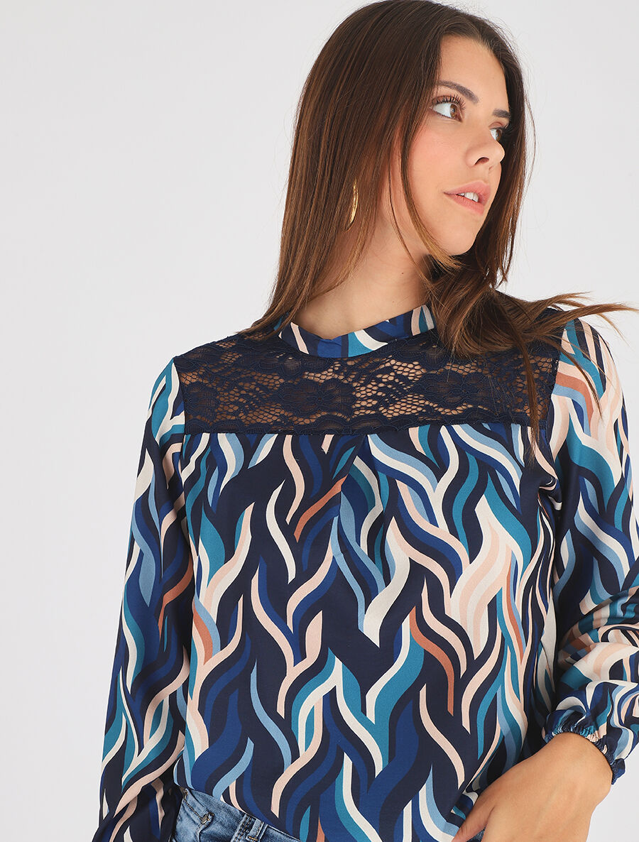 Top imprimé graphique et dentelle - Bleu - 4